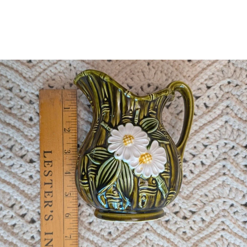 Vintage Japan Olive Green Bamboo Ceramic Creamer Saucer Set Daisy‎ Dragonfly